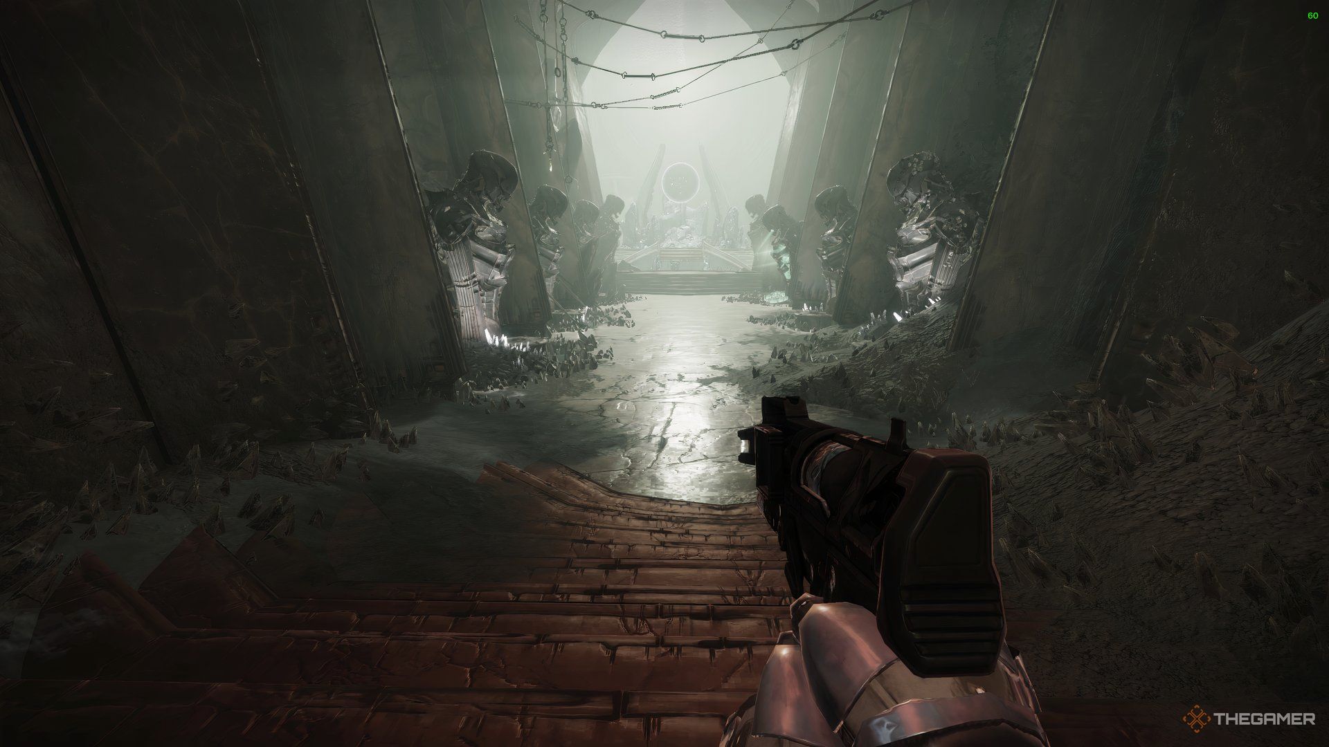Guardian standing at the entrance of Court of Blades to buy a Runic Upgrade, which rewards a Chess Piece in Destiny 2.
