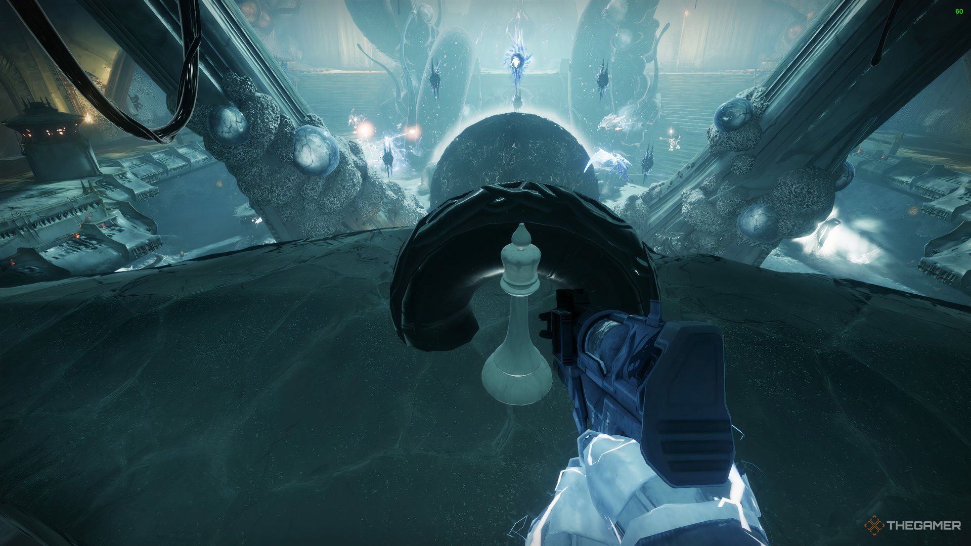 Guardian standing on top of the entrance portal in Court of Blades to find a hidden Chess Piece in Destiny 2: Heresy.