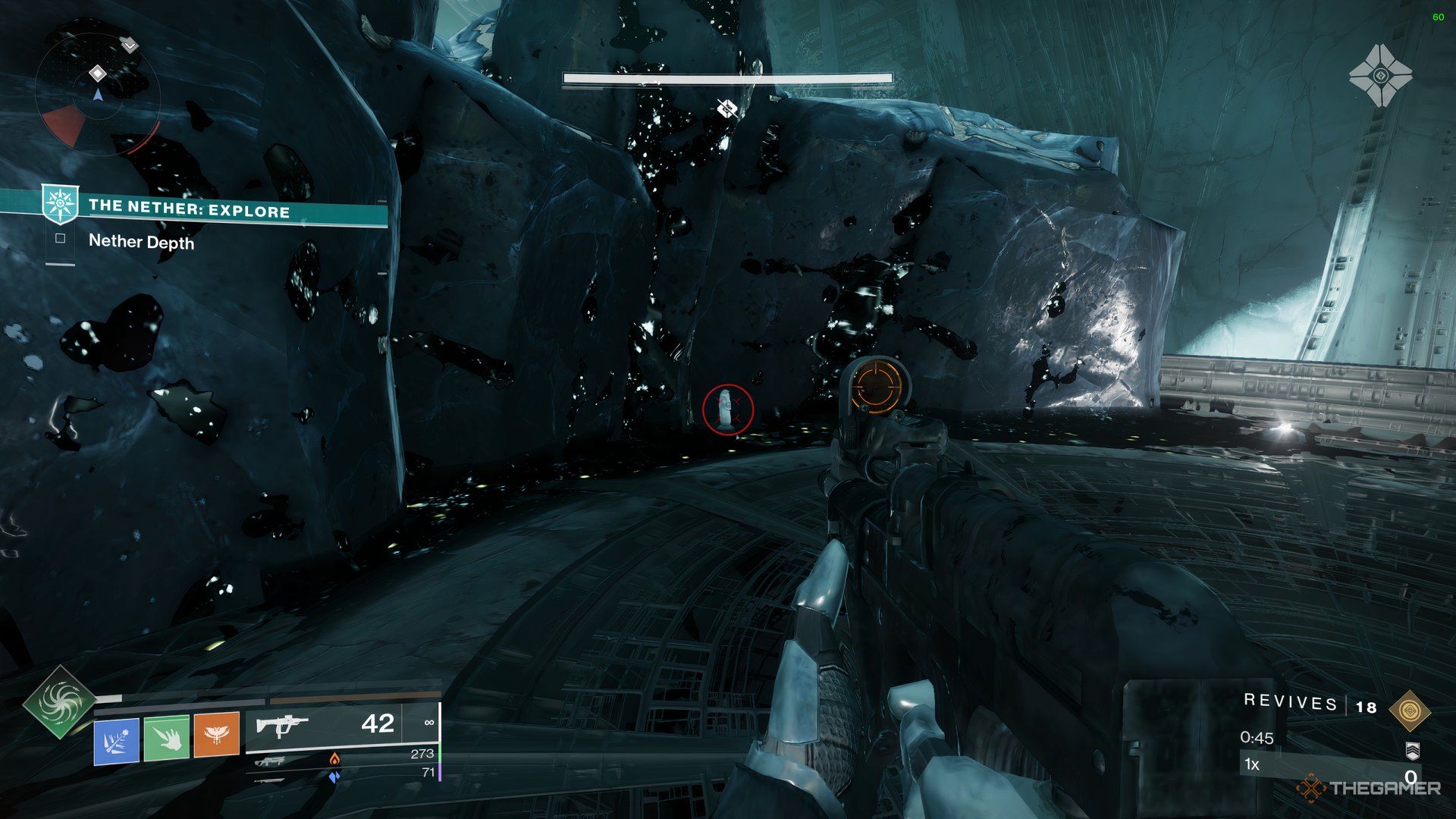 Guardian looking at a Chess Piece resting against a wall infested with Taken Blight in Destiny 2: Heresy.