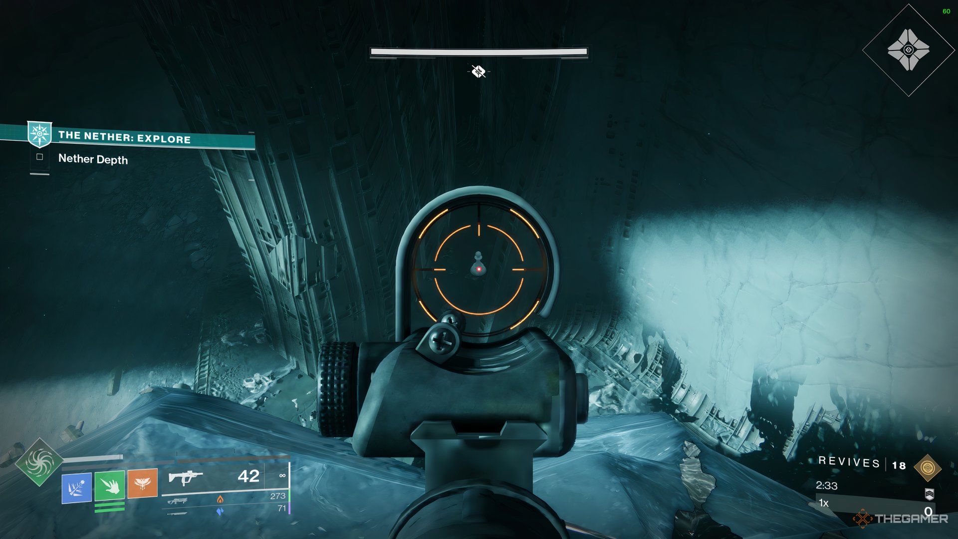 Guardian aiming a Multimach SMG at a hidden Chess Piece in The Mausoleum in Destiny 2: Heresy.