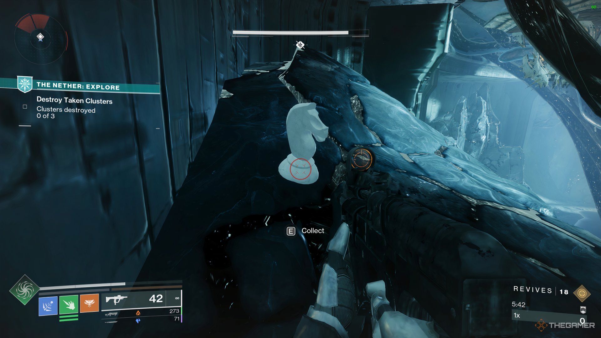 Guardian aiming at a hidden Chess Piece sitting on top of a tentacle in The Mausoleum in Destiny 2: Heresy.
