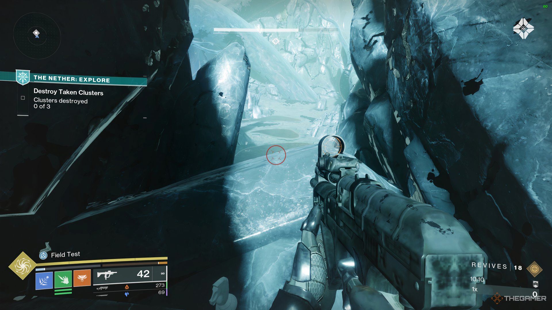 Guardian overlooking the boss arena in The Mausoleum with a hidden Chess Piece nearby in Destiny 2.