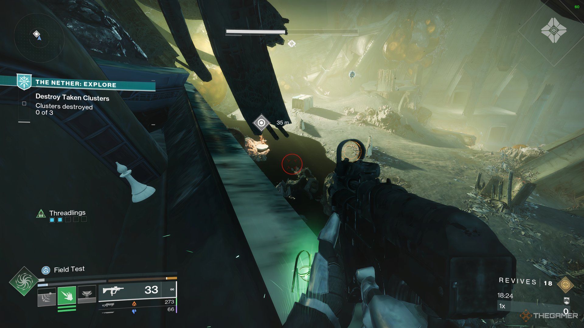 Guardian looking at a Chess Piece on the debris of a crashed ship in The Mausoleum in Destiny 2.