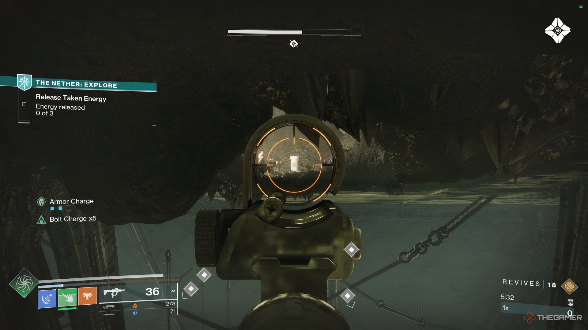 Player looking at a Chess Piece hiding in a hole in the ceiling in The Founts in Destiny 2.