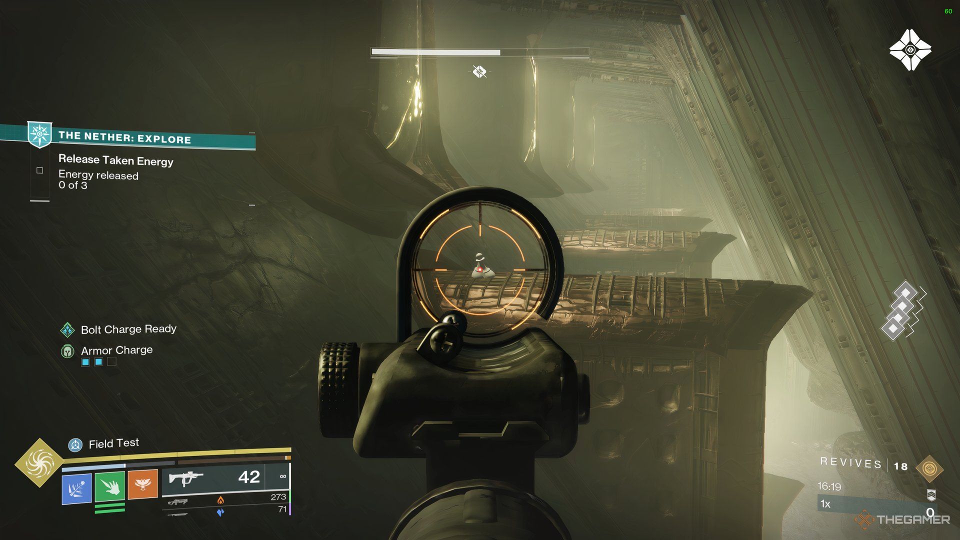 A Chess Piece sitting on top of a Hive structure near the spawn-point in The Founts in Destiny 2: Heresy.