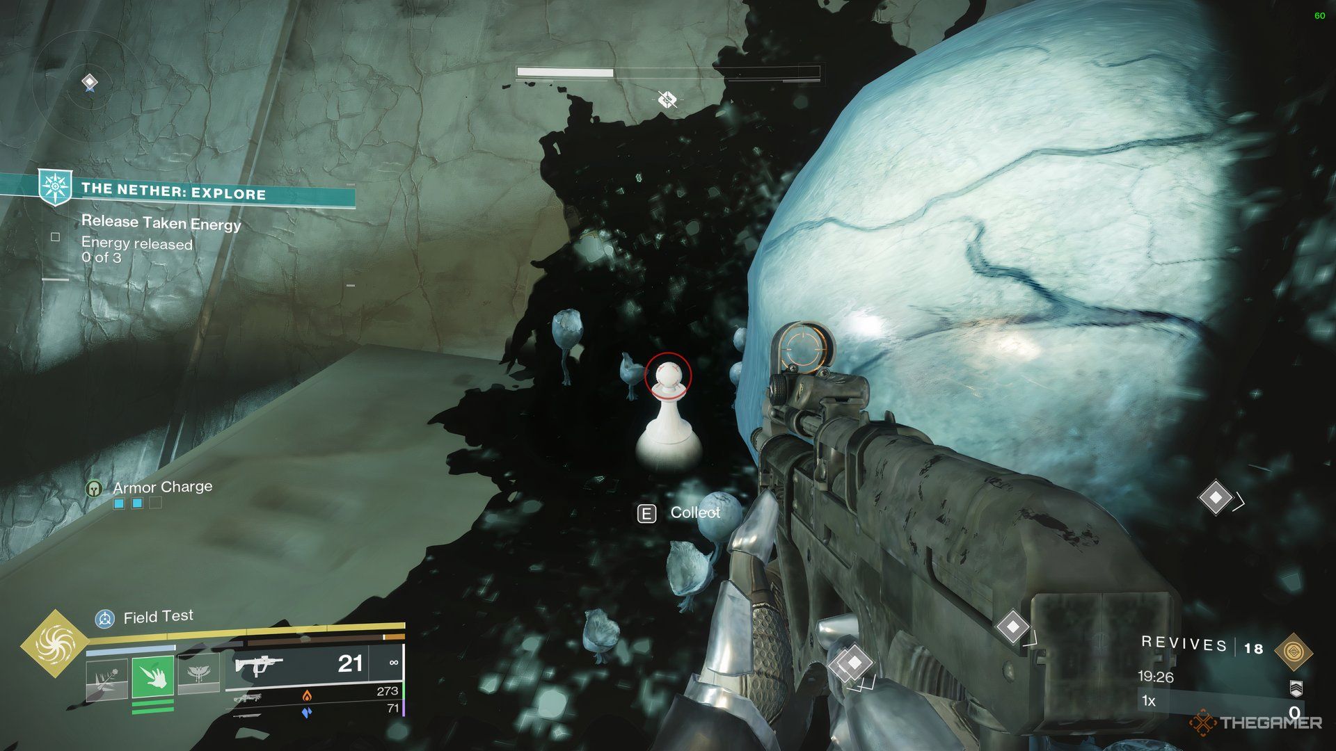 Guardian looking at a Chess Piece next to some Taken Blight, at the very top of tentacles in The Founts in Destiny 2.