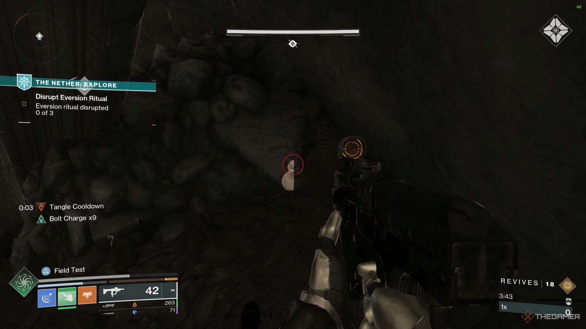 Guardian aiming at a Chess Piece resting along a wall next to a dead Skyburner in the Trenchway in Destiny 2: Heresy.