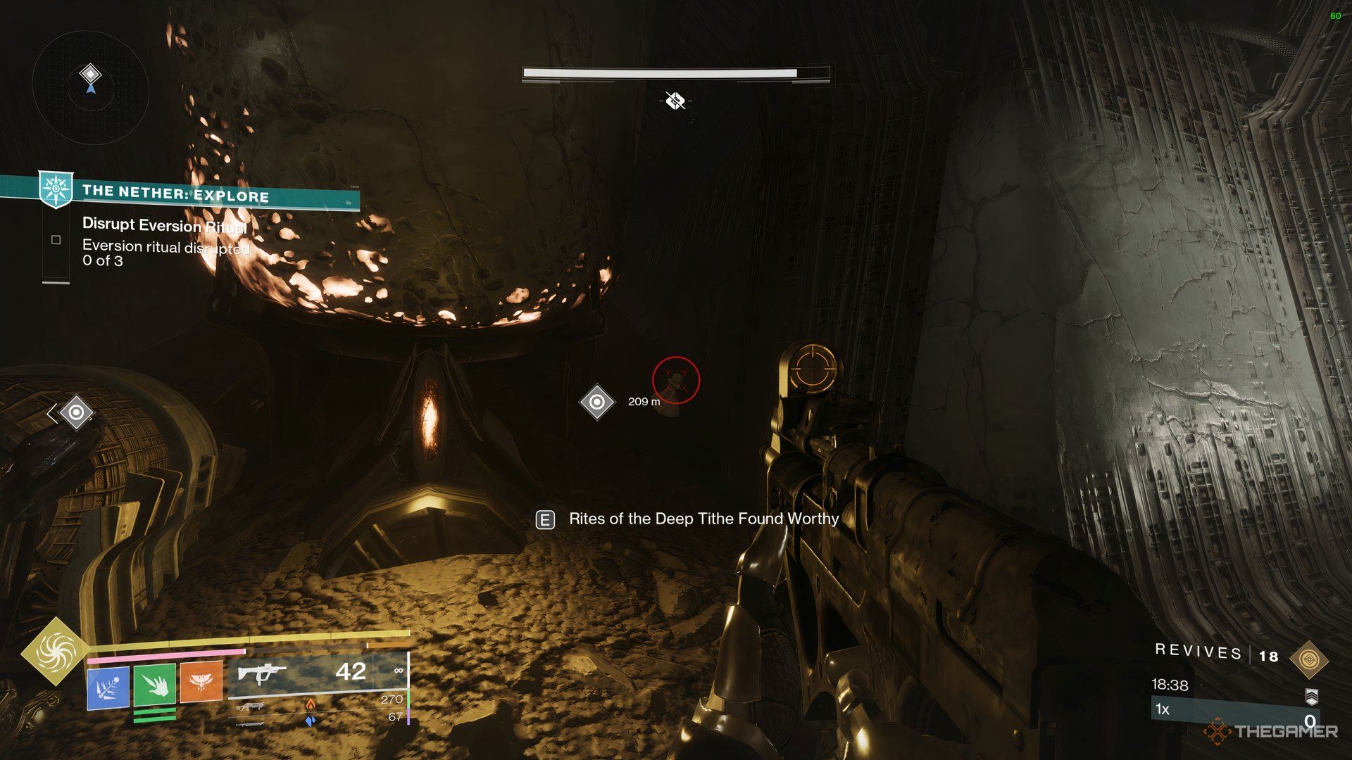 Guardian looking at a hidden Chess Piece and the 'Rites of the Deep' secret in the Dreadnaught in Destiny 2.
