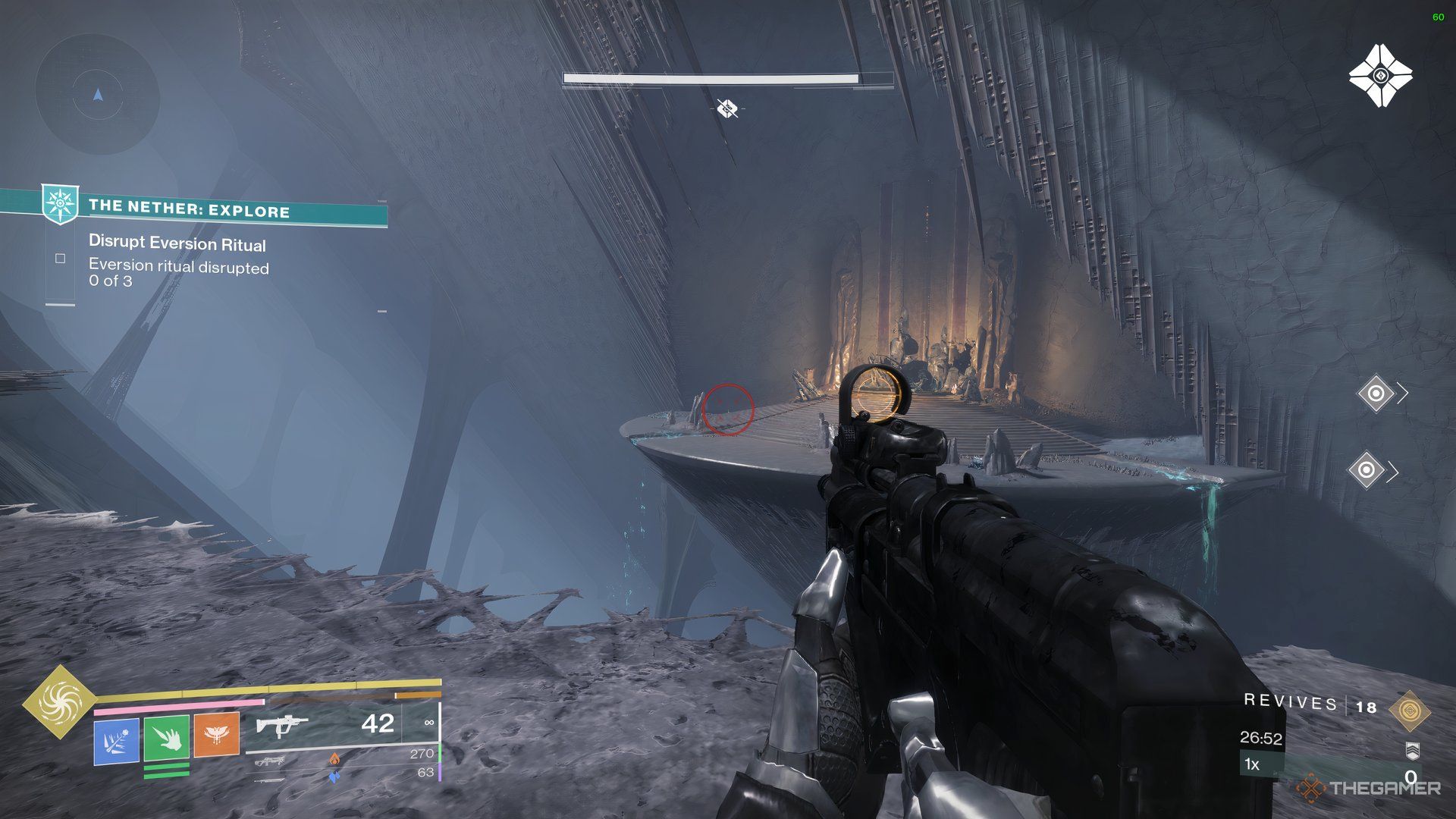 Player aiming at the platform with three waterfalls where a secret Ogre boss spawns. The platform contains a hidden Chess Piece in Destiny 2.