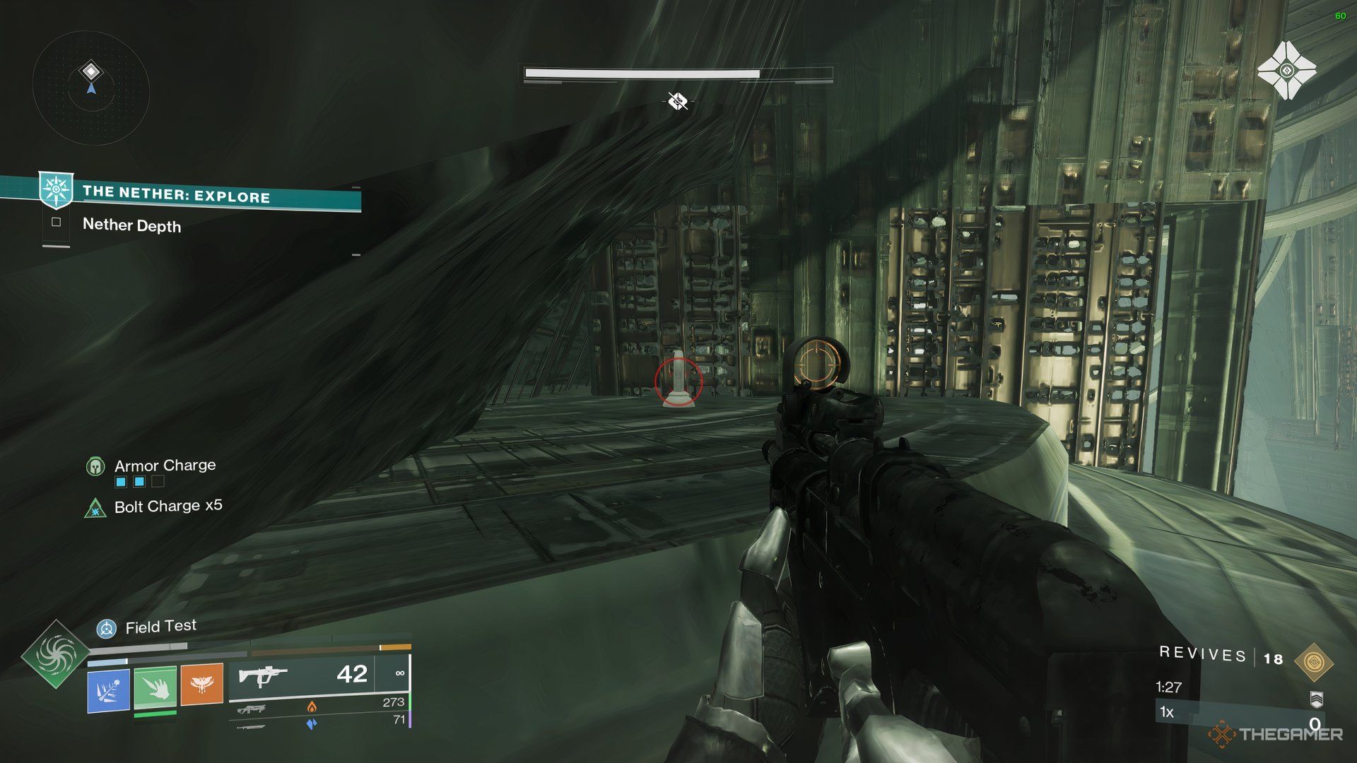 Guardian aiming at a Chess Piece on the left side of the spawn-point in the Hall of Souls in Destiny 2.