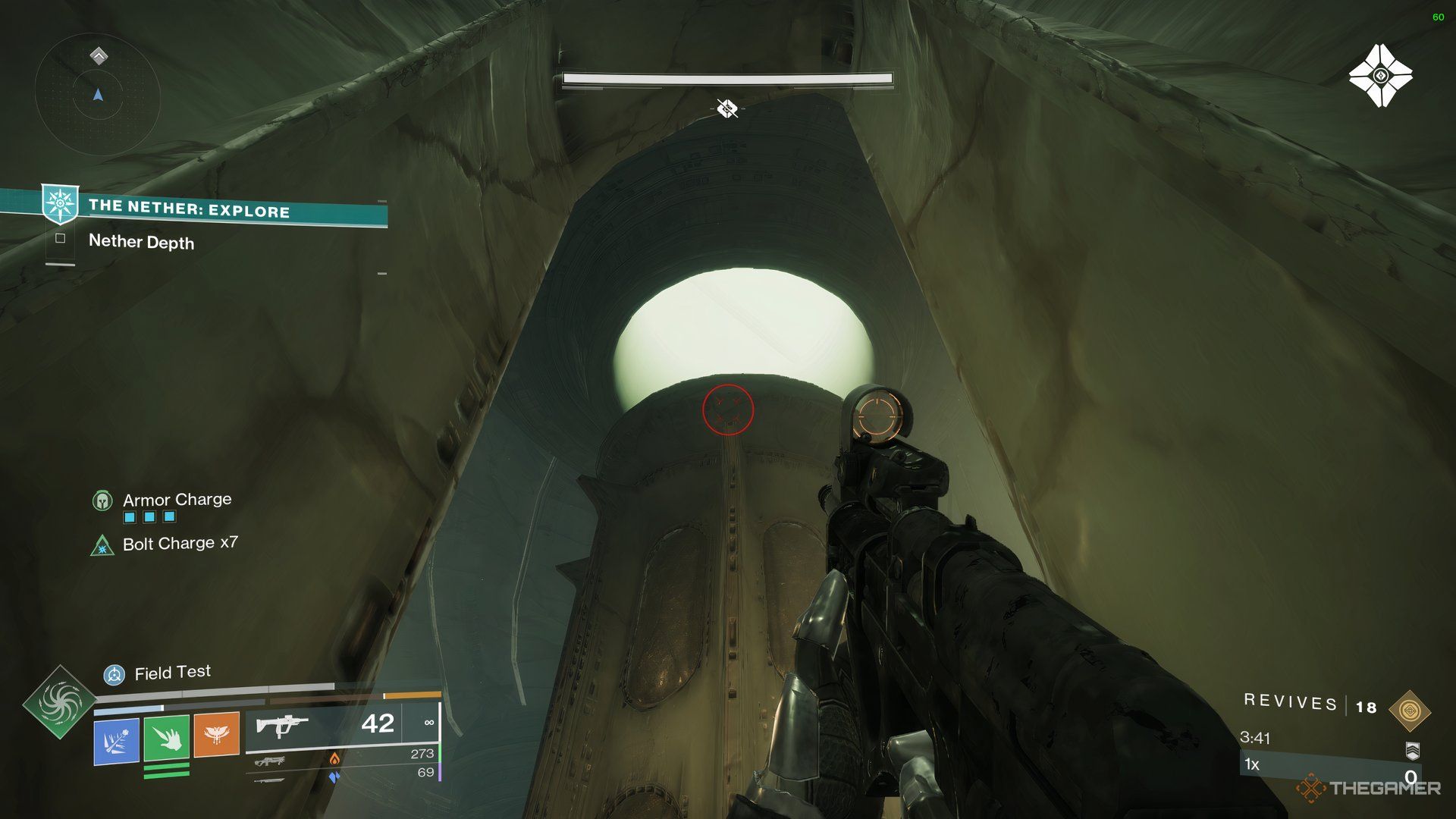 Guardian aiming at the top of a large pillar that contains a hidden Chess Piece in Destiny 2: Heresy. There is a nearby platform that can be used to jump on this pillar.