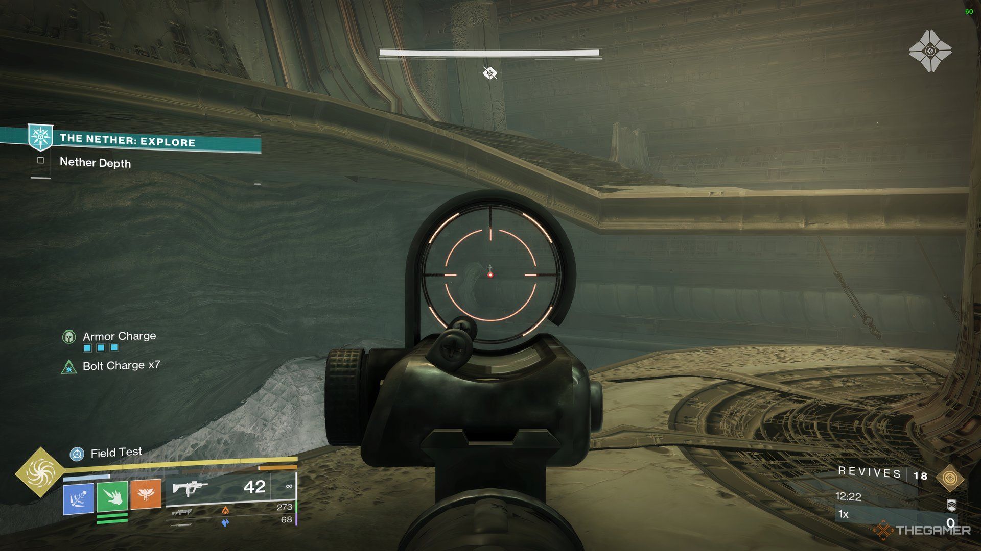 Guardian aiming at a hidden Chess Piece that can be collected immediately after exiting the dark area in the Dreadnaught in Destiny 2.