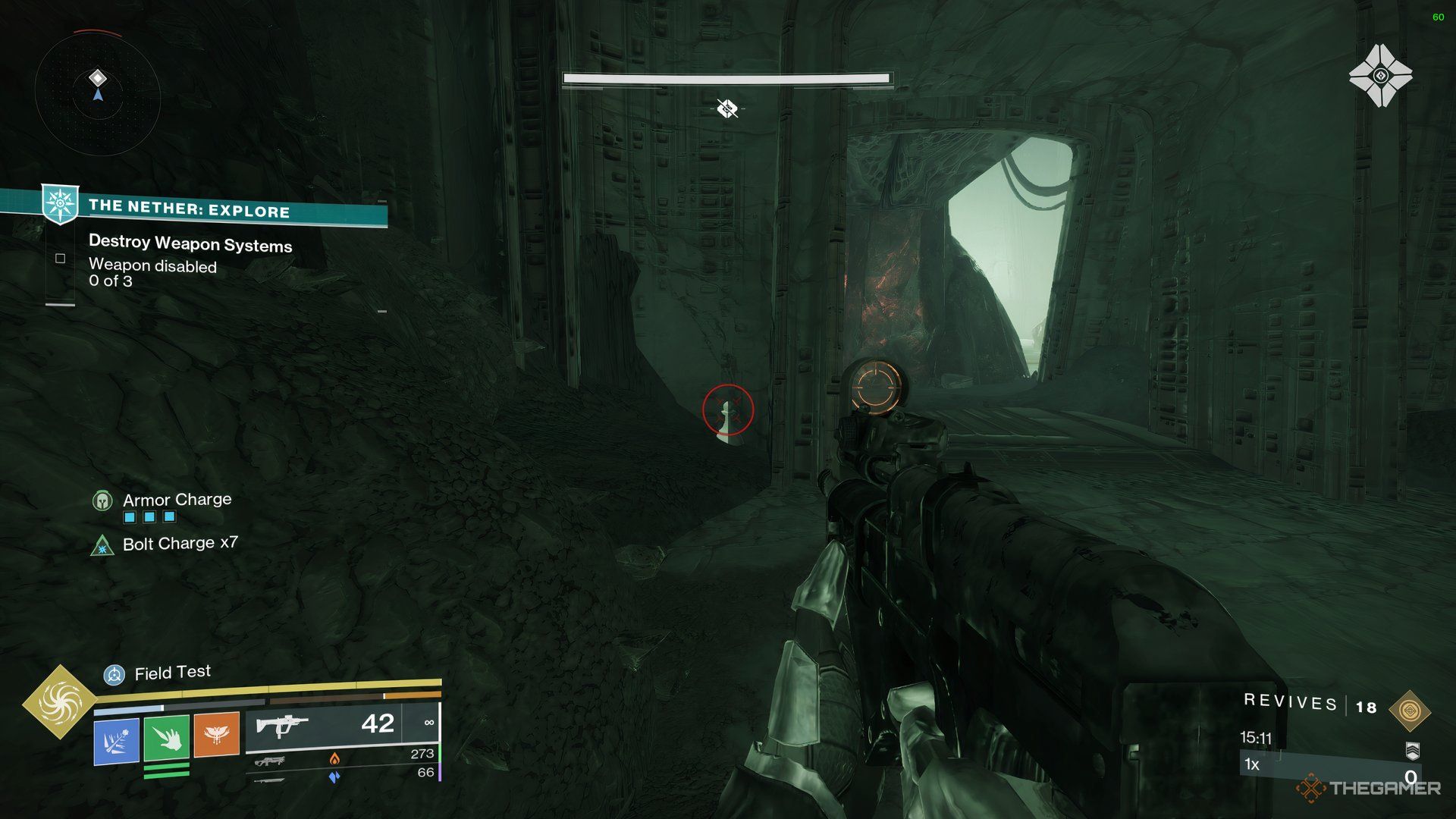 Guardian looking at a hidden Chess Piece behind a doorway next to a large open area in Destiny 2.