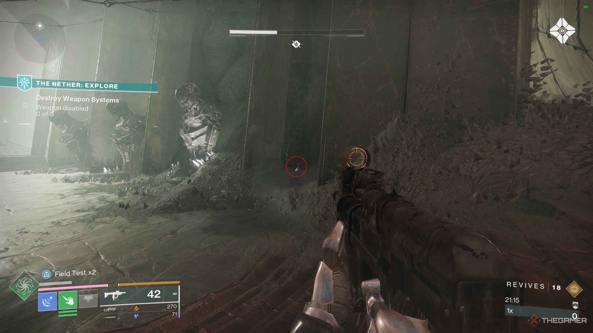 Guardian standing at the entrance of the Thrall-hallway. It is the opening of the Court of Blades activity and the King's Fall raid in Destiny 2.
