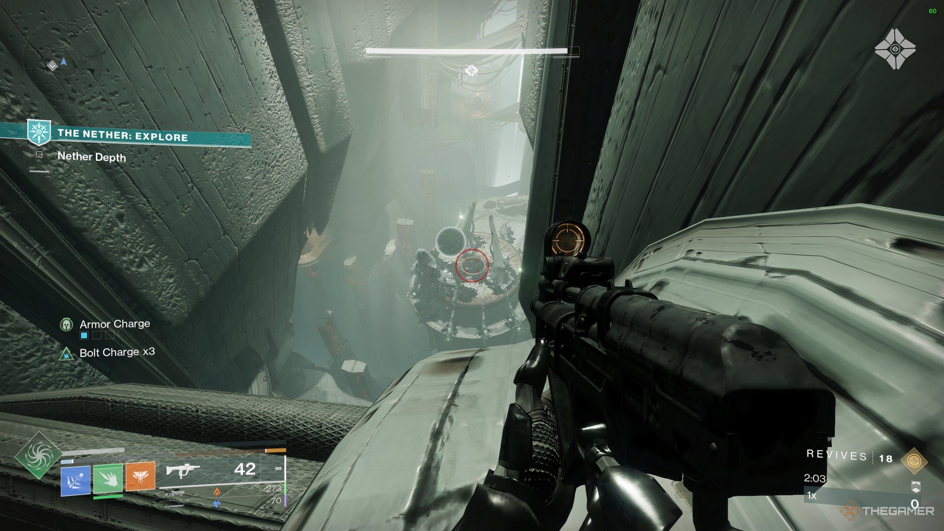 Guardian looking at the Subjugator boss arena from the top of a large pipe that can be accessed by following invisible platforms in Destiny 2: Heresy.
