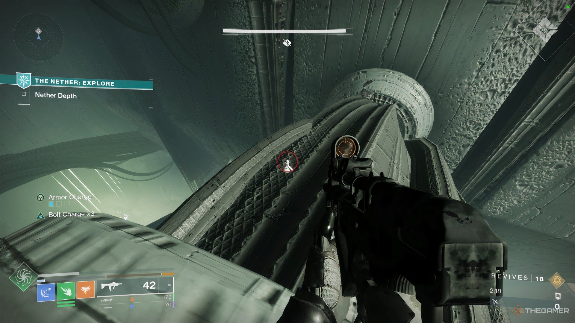 Guardian aiming his Multimach CCX at a hidden Chess Piece on top of a large pipe, next to the Subjugator boss in Destiny 2: Heresy.