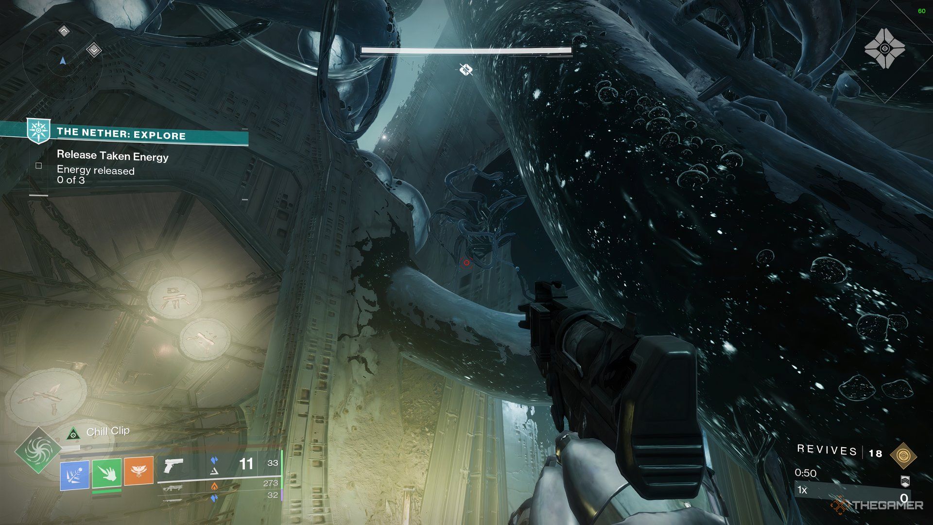 Player aiming at the small tentacles near the Hive-door in The Founts. There is a hidden Chess Piece on top of these tentacles in Destiny 2.
