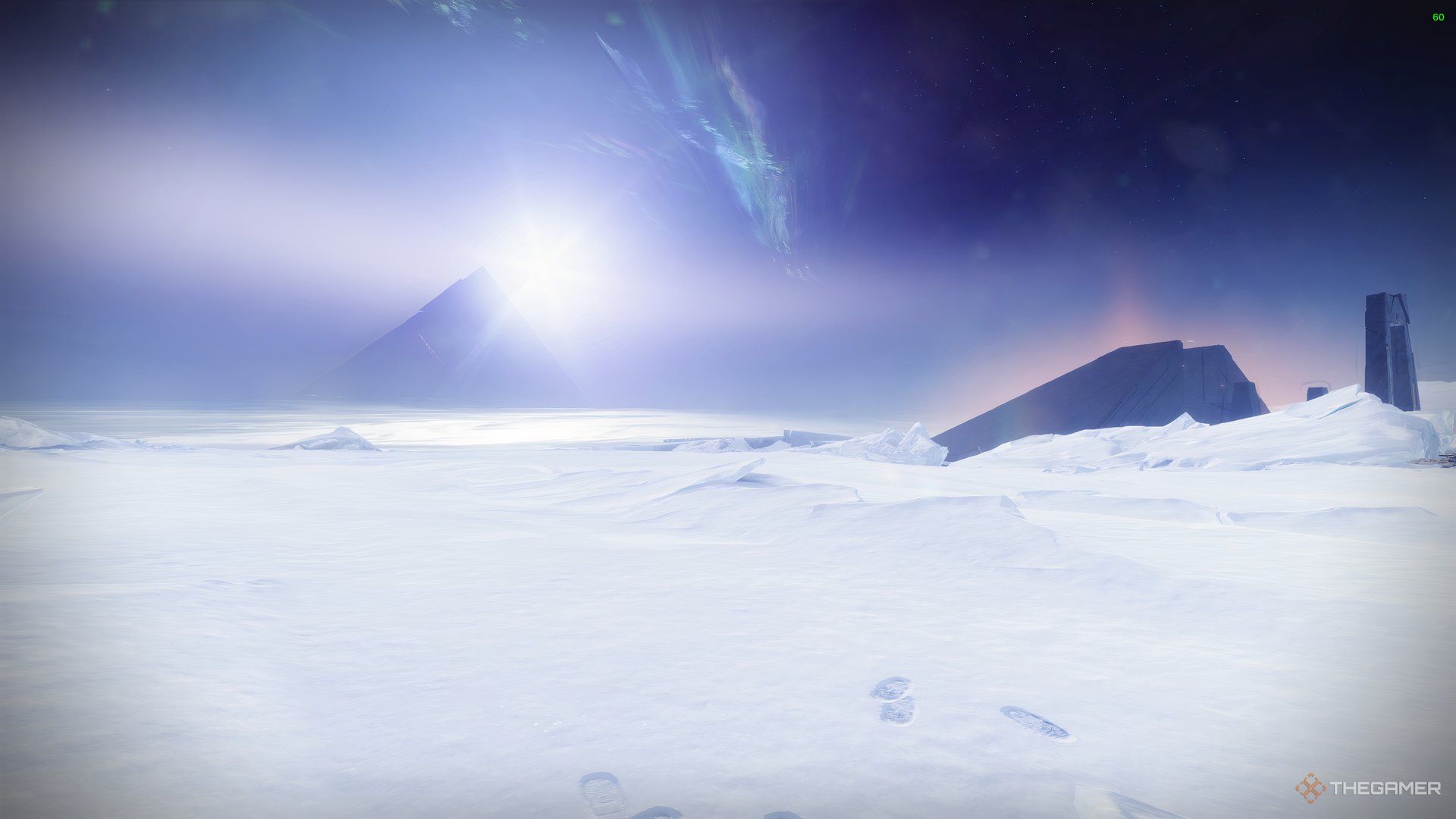 Beyond (Landing Zone) in Europa with a distant view of a Pyramid ship in Destiny 2.