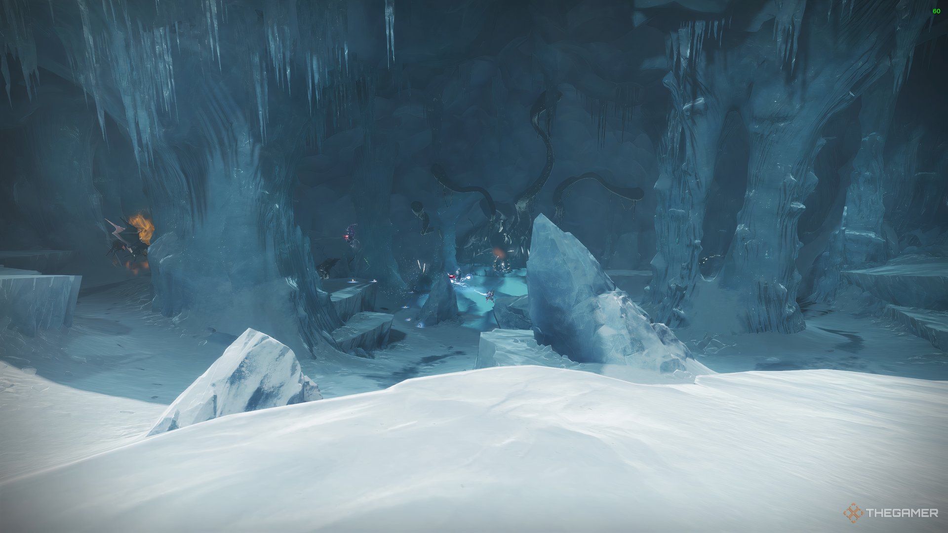 Guardian looking at a Taken Blight in the distance in the icy fields of Europa in Destiny 2.