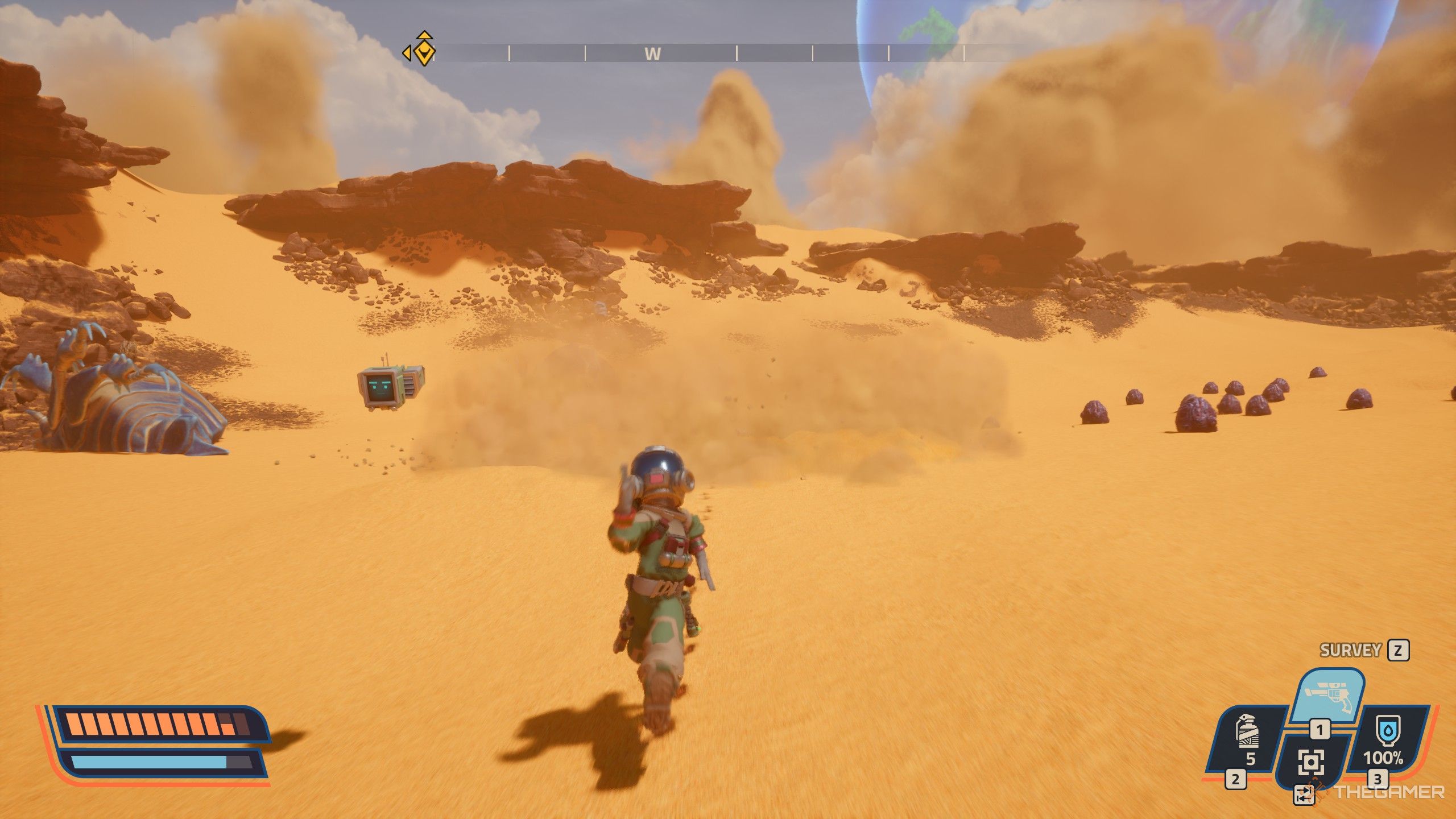Running from a wormzilla beneath the sand in revenge of the savage planet.