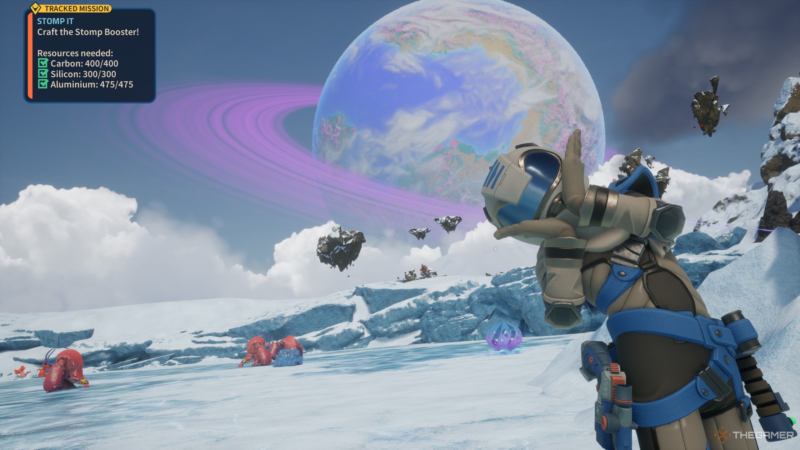 The player posing on Zenethian rift with another planet in the background in revenge of the savage planet.