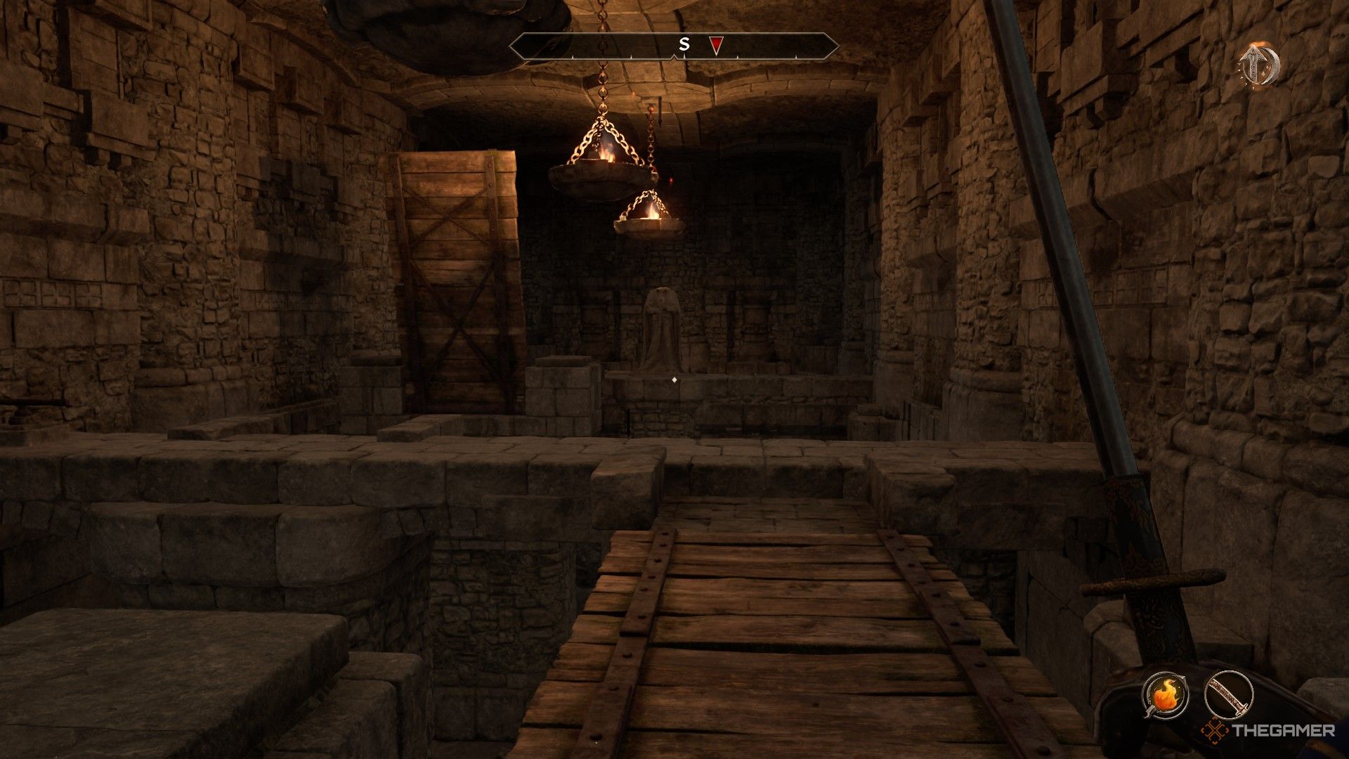 Игрок смотрит на поле головоломки с дождем из стрел в Форте Булворк в Oblivion Remastered.