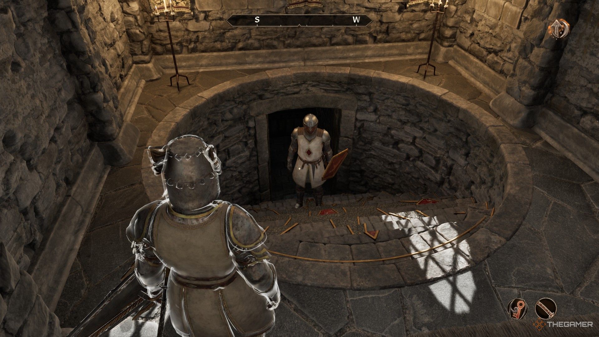 Игрок смотрит на вход в крипту Приората Девяти и рыцаря-тамплиера в Oblivion Remastered.