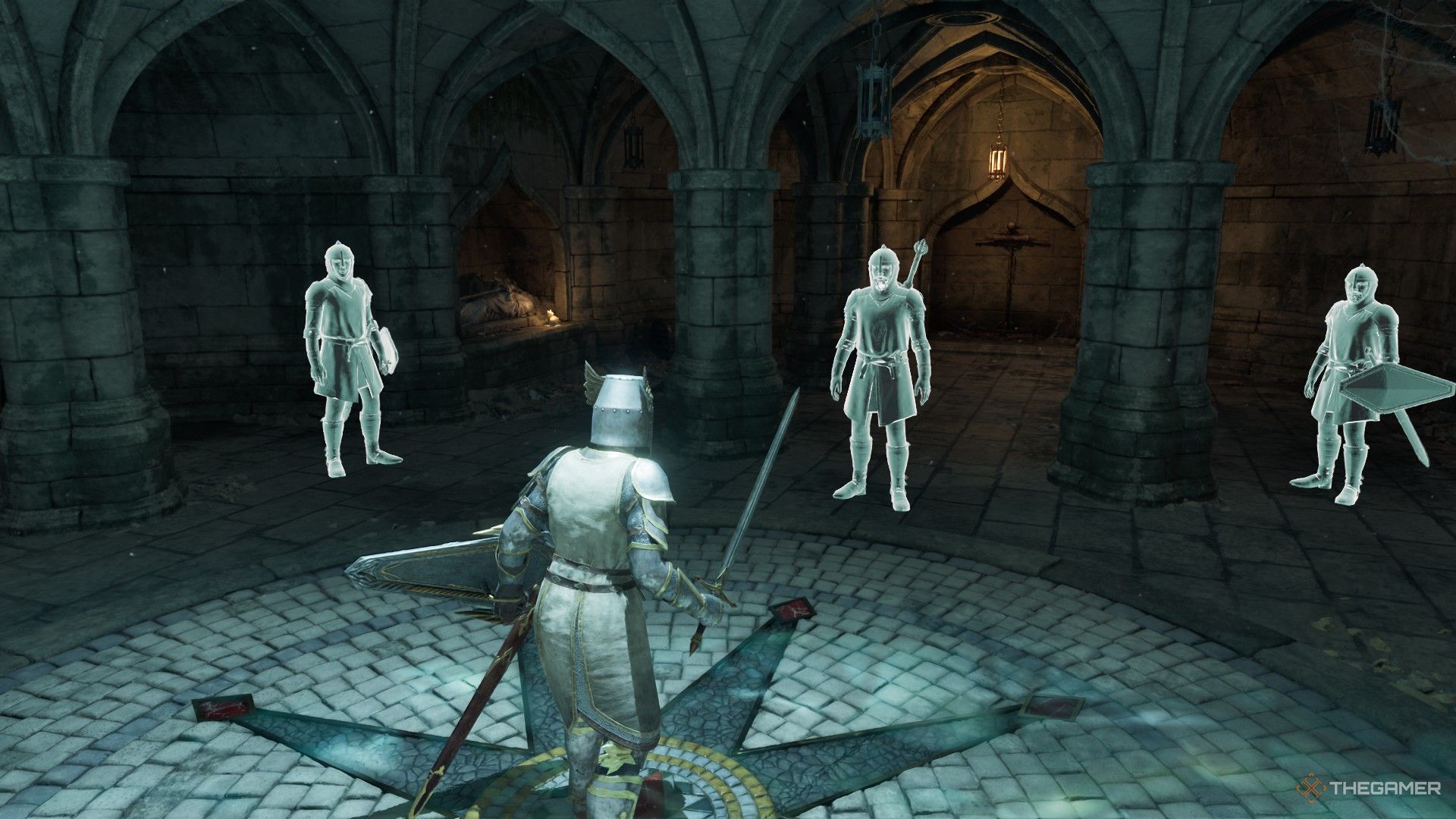 Игрок обнажает меч и готовится к битве с Рыцарями Девяти в Oblivion Remastered.