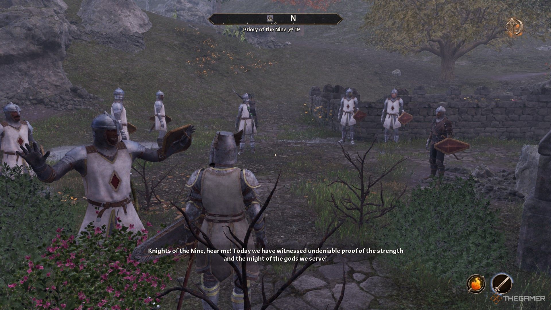 Сэр Тедрет празднует возвращение игрока с Рыцарями Девяти в Oblivion Remastered.