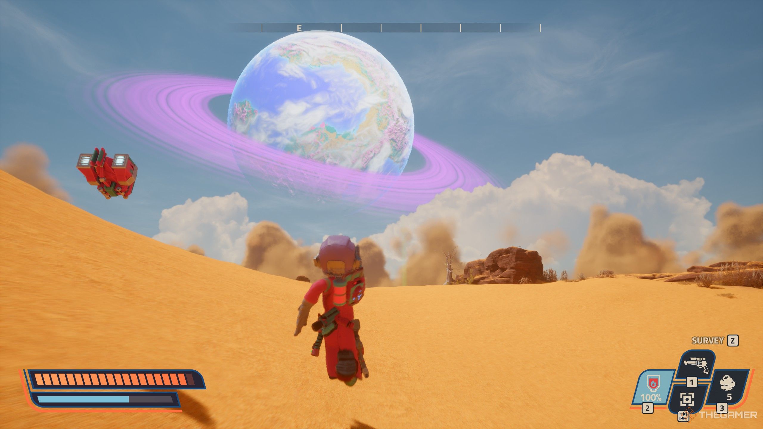 The player running in the desert of xephyr in revenge of the savage planet.