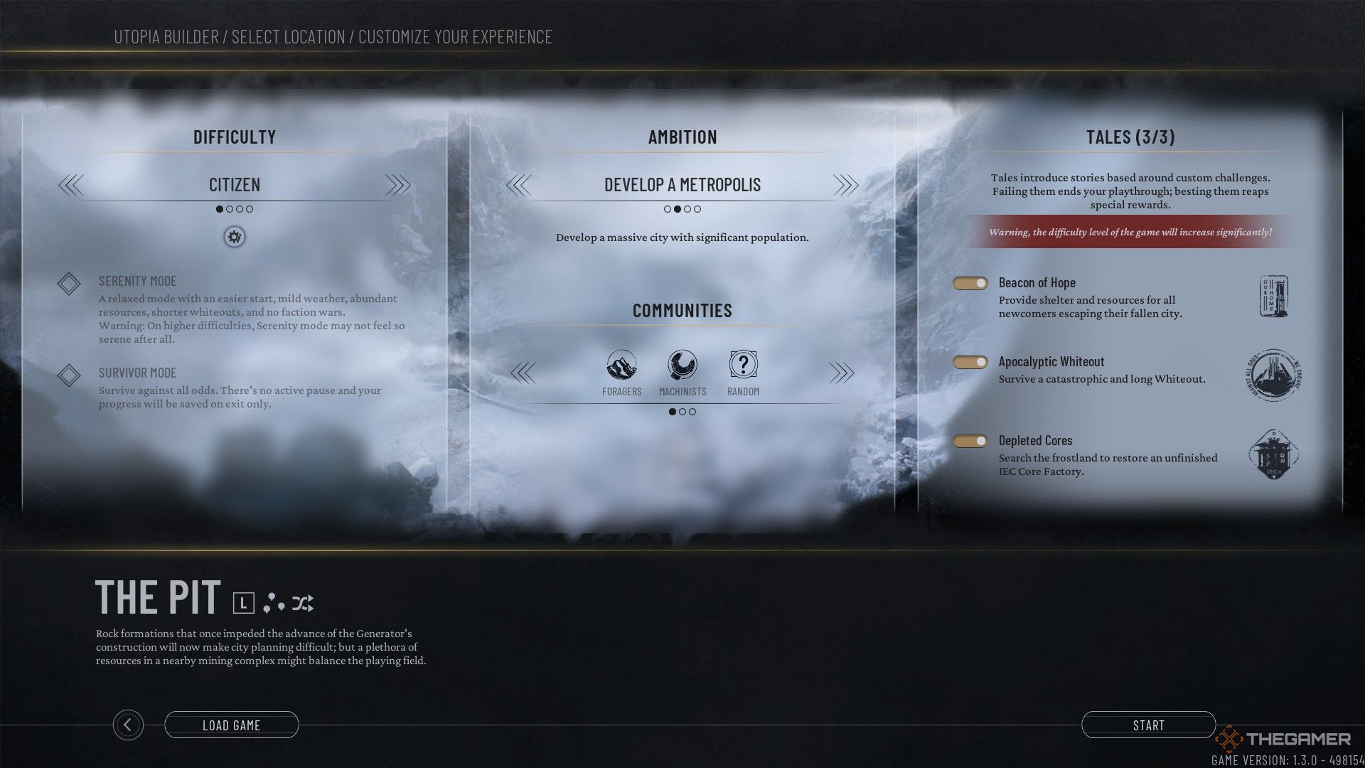 Player customizes The Pits Scenario with full tales and a metropolis ambition in Frostpunk 2.