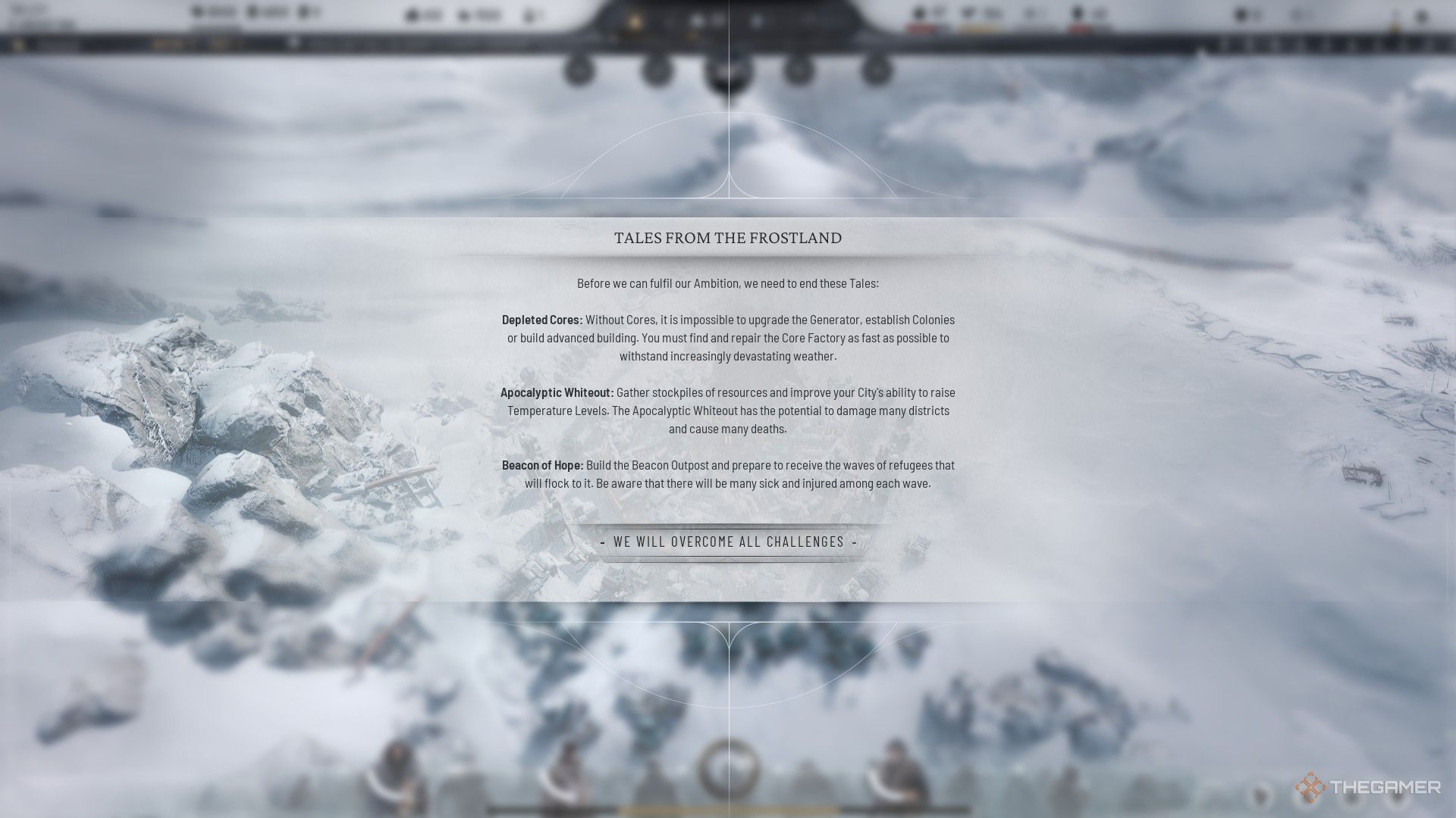 Player receives a pop-up of Tales from the Frostland outlining their goals in Frostpunk 2.