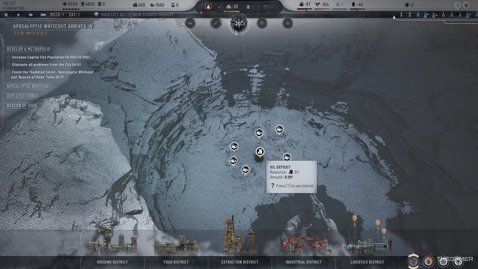 Player locates oil deep within the pit area of The Pits scenario in Frostpunk 2.