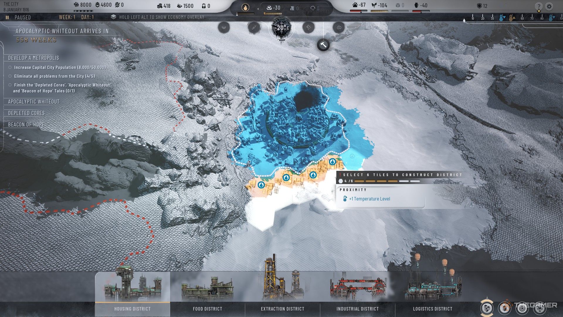 Player puts down four sections of Housing District next to the Generator in Frostpunk 2.
