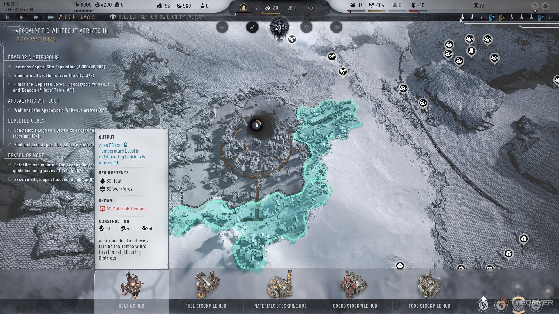Player inspects the description of the Heating Hub in Frostpunk 2.