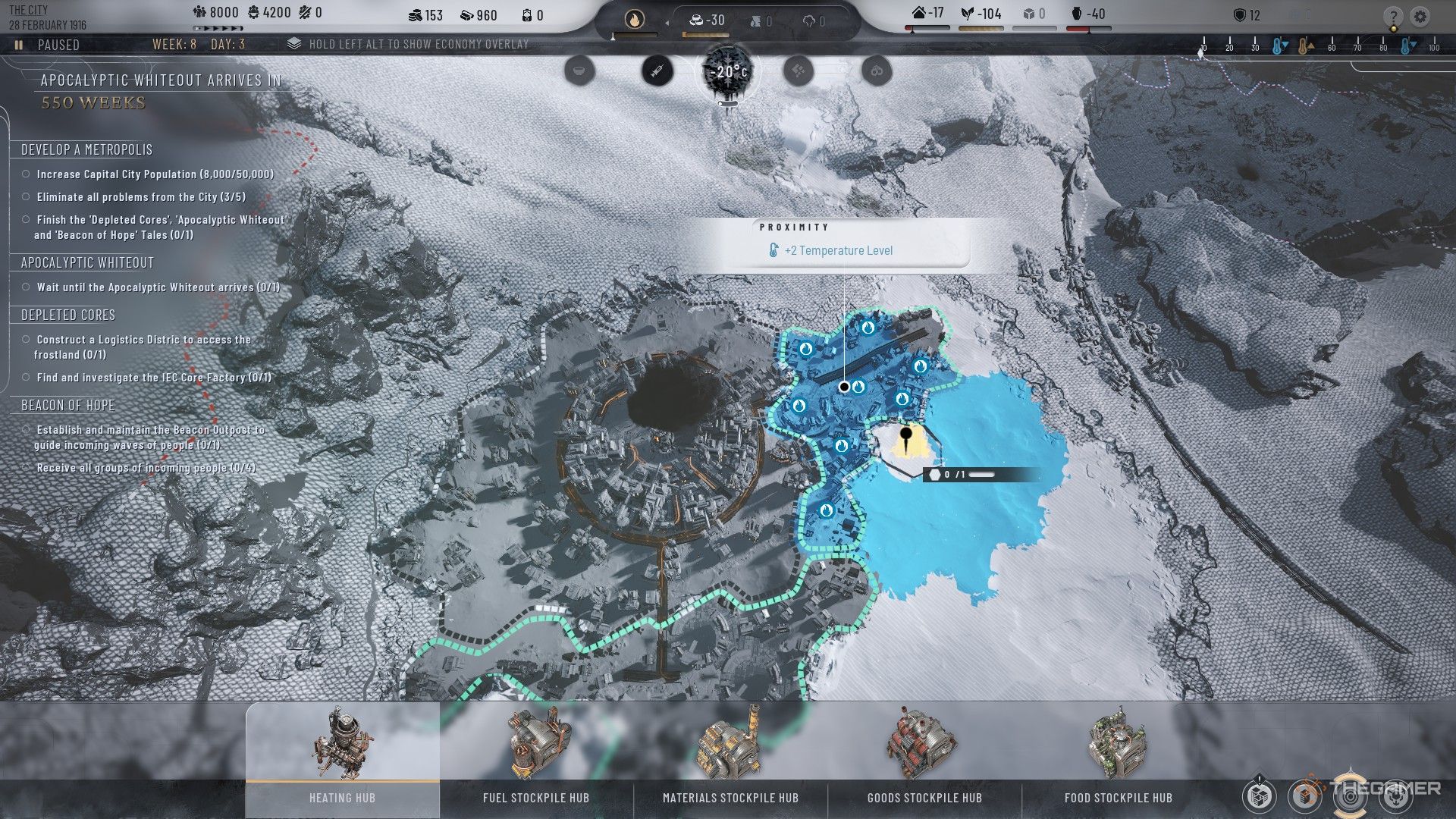 Player prepares to install a Heating Hub beside a Housing District in Frostpunk 2.
