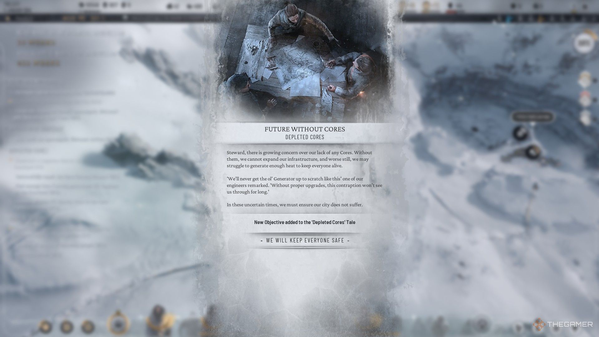 Player receives the start for the Depleted Cores scenario in Frostpunk 2.