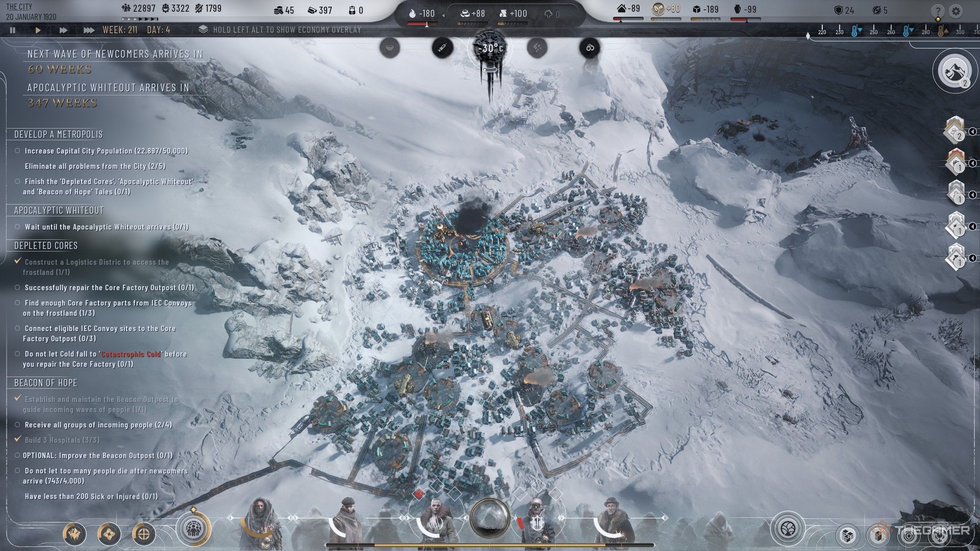 Camera looks over the top of a city built in The Pits with all Tales active in Frostpunk 2.