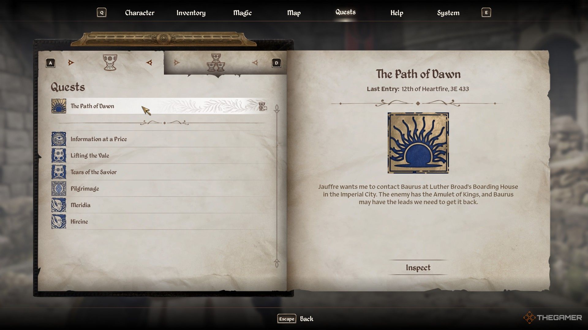 Player reads the journal entry and description of the Path of Dawn quest in Oblivion Remastered.
