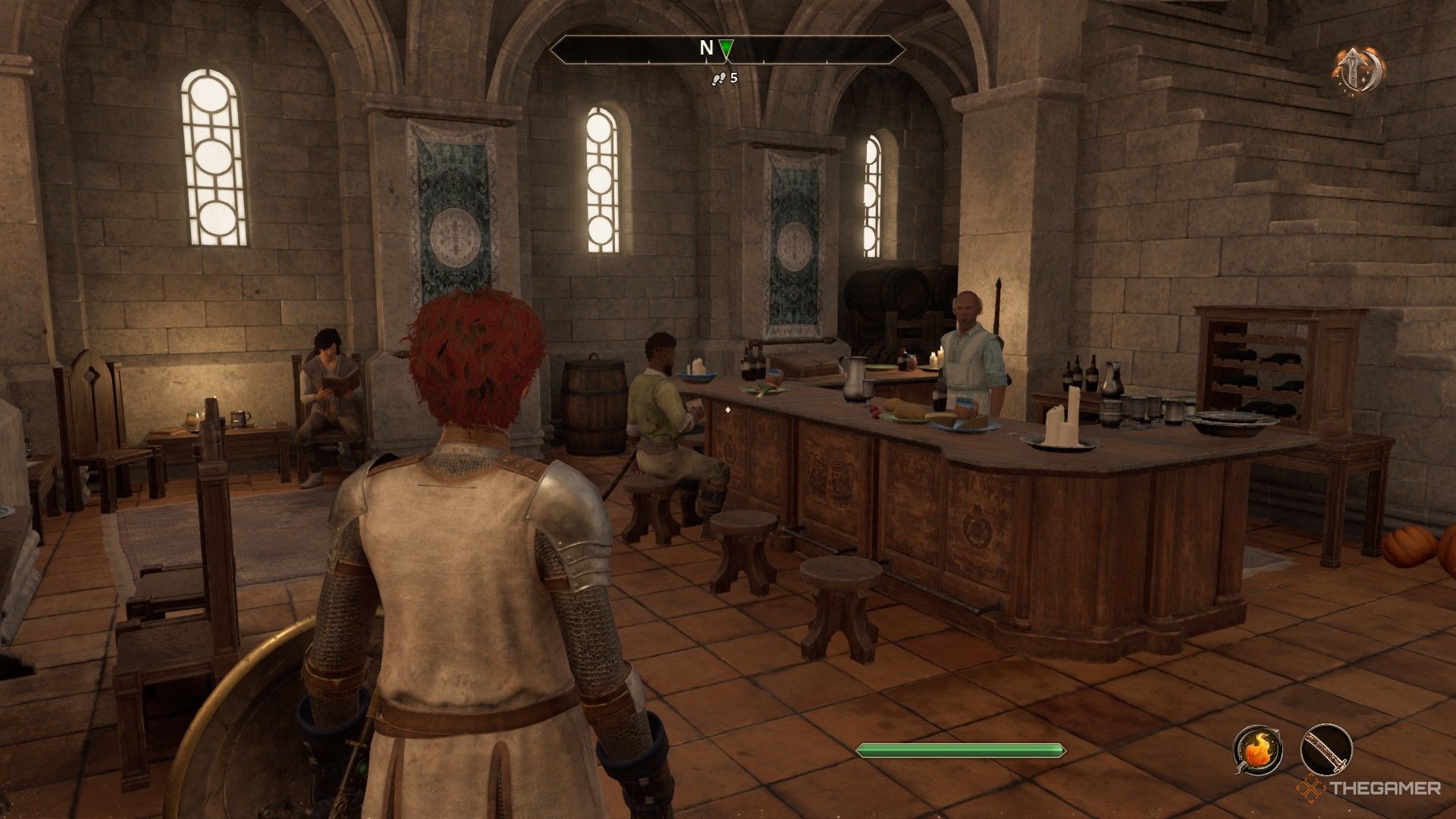 Player finds Baurus dining at the lodge house bar in Oblivion Remastered.