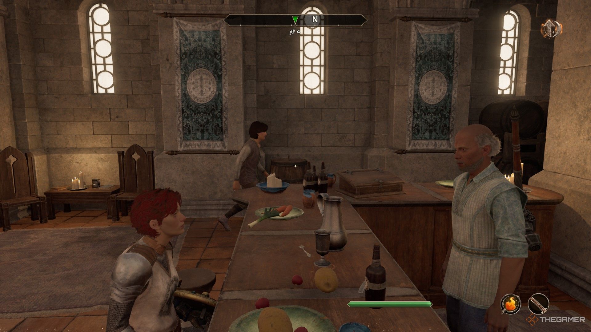 Player sits, speaking to the barkeep, as Astav the assassin shadows Baurus the Blade in Oblivion Remastered.