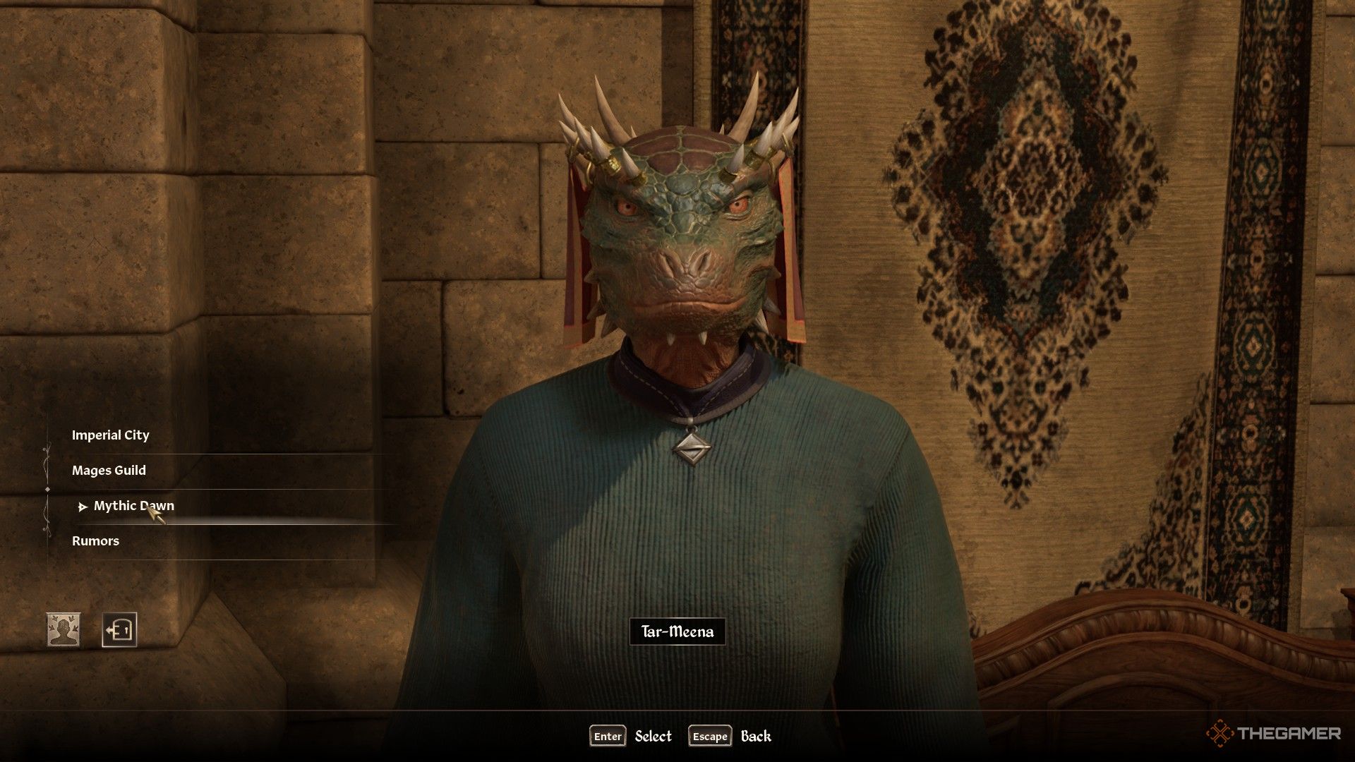 Player prepares to ask Tar-Meena about the Mythic Dawn in Oblivion Remastered.