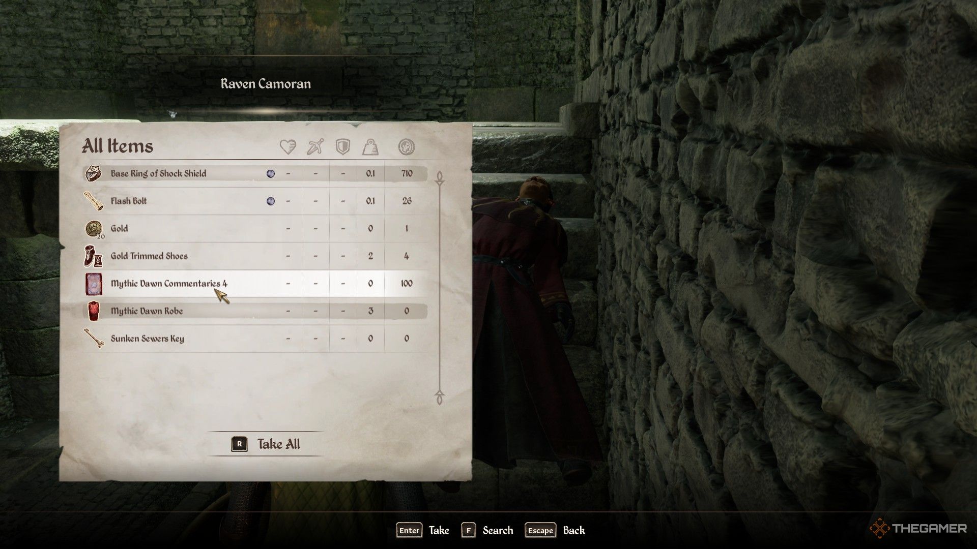 Player loots the fourth chapter of the Mythic Dawn Commentaries from Raven Camoran in Oblivion Remastered.