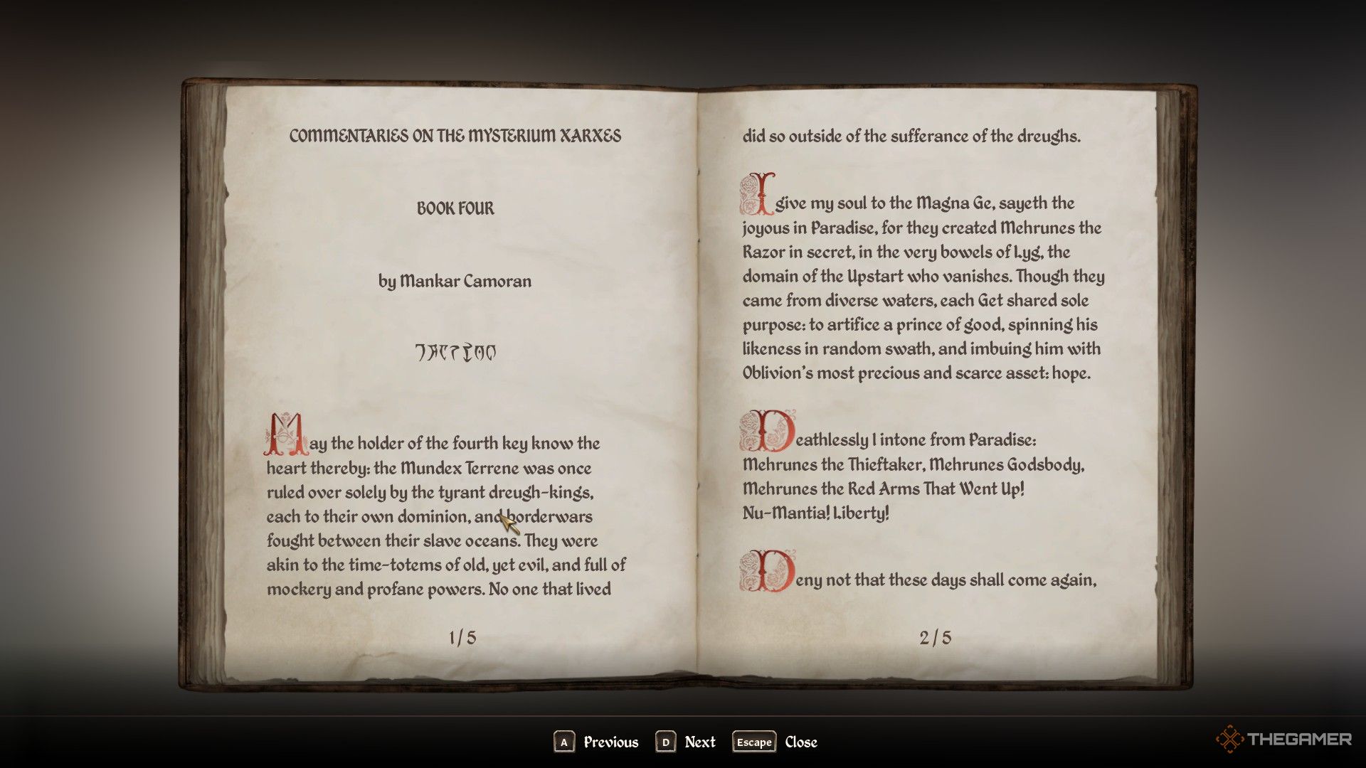 Player reads Mythic Dawn Commentaries 4 to discover its secrets in Oblivion Remastered.
