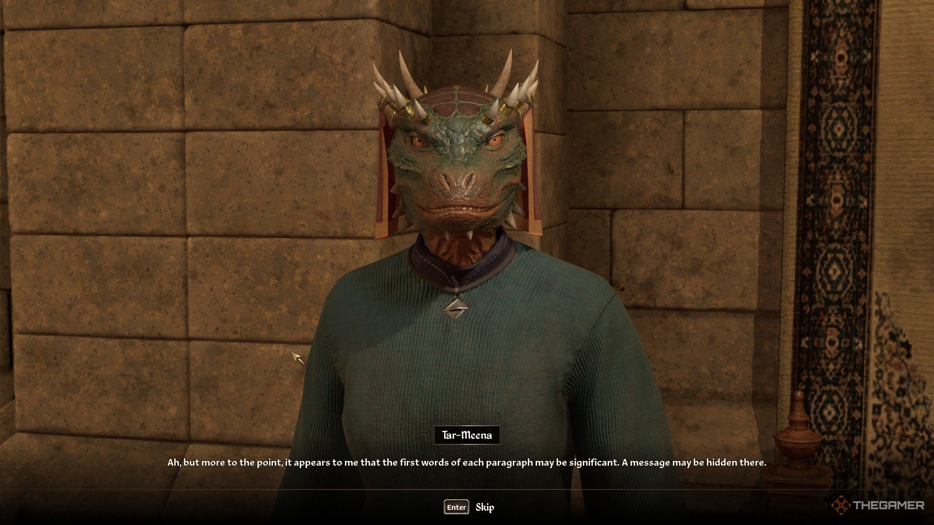 Tar-Meena tells the player the hint to solving the Mythic Dawn Commentaries puzzle in Oblivion Remastered.