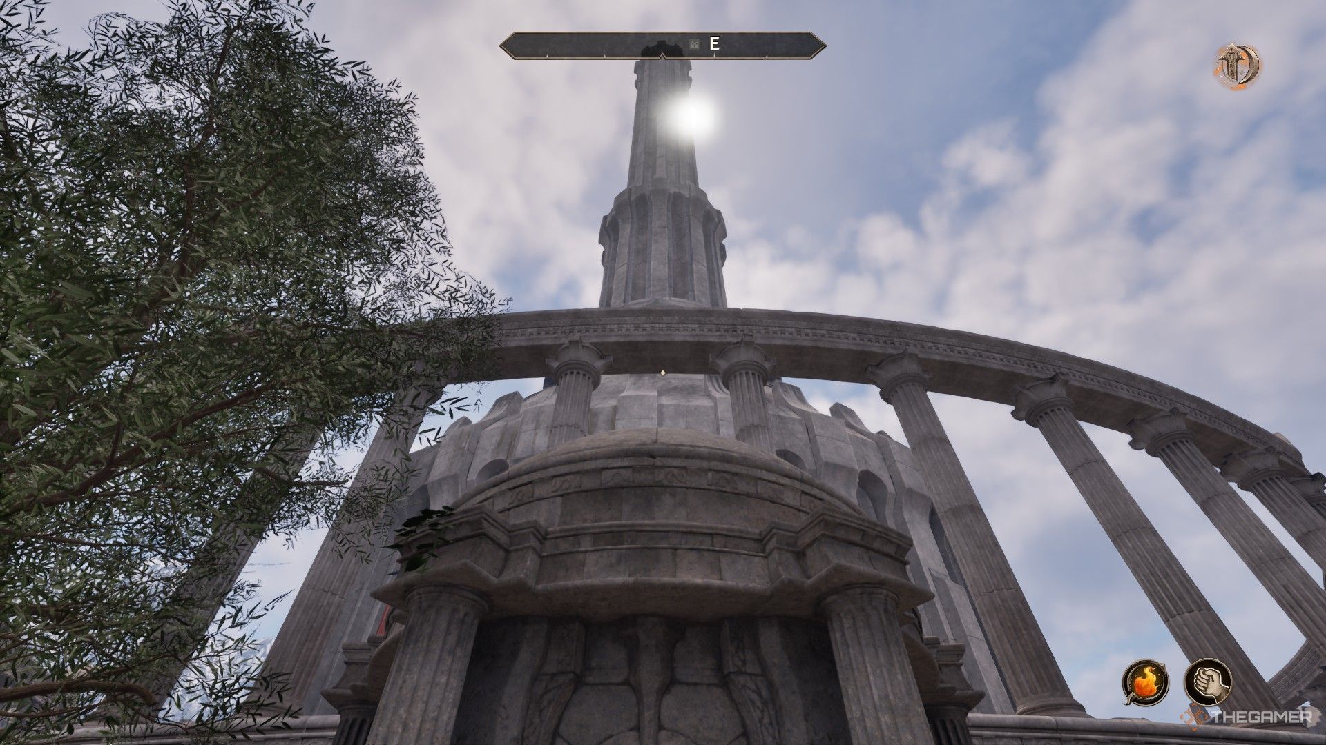 Player looks up at the White Gold Tower as the sun touches it in Oblivion Remastered.