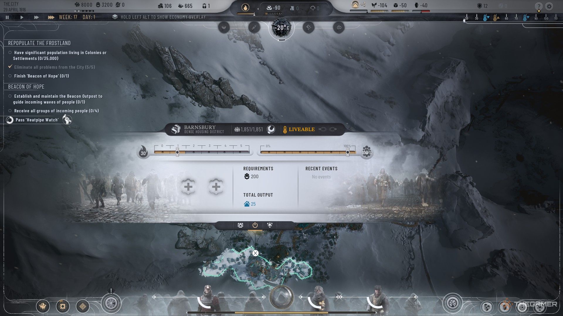 Player manages the heat and population of a housing district within its menu in Frostpunk 2.