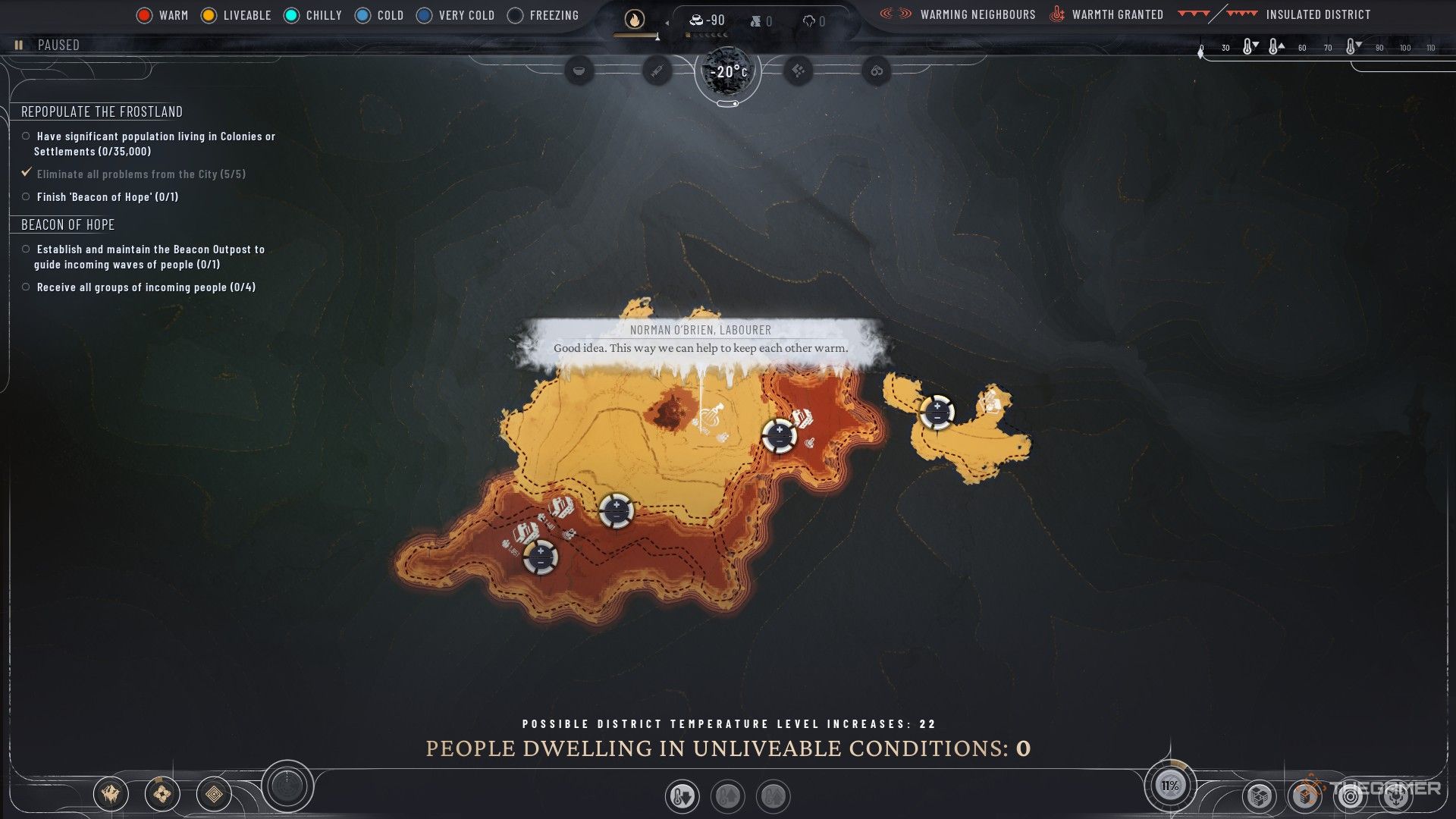 Heat map in Frostpunk 2 shows a very hot city in Frostpunk 2.