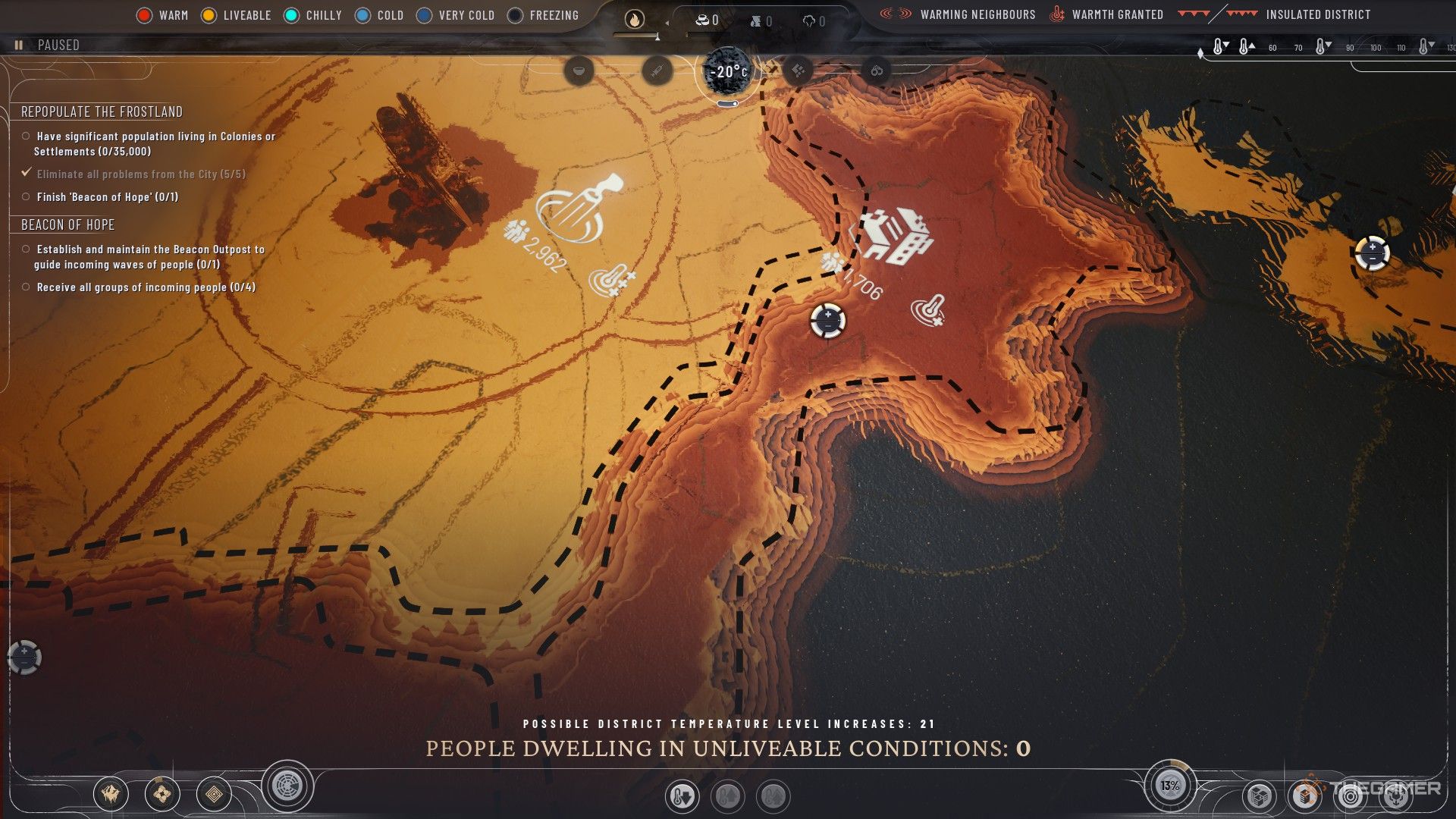 Heat map in Frostpunk 2 displays a housing district that is hot enough to radiate warmth.