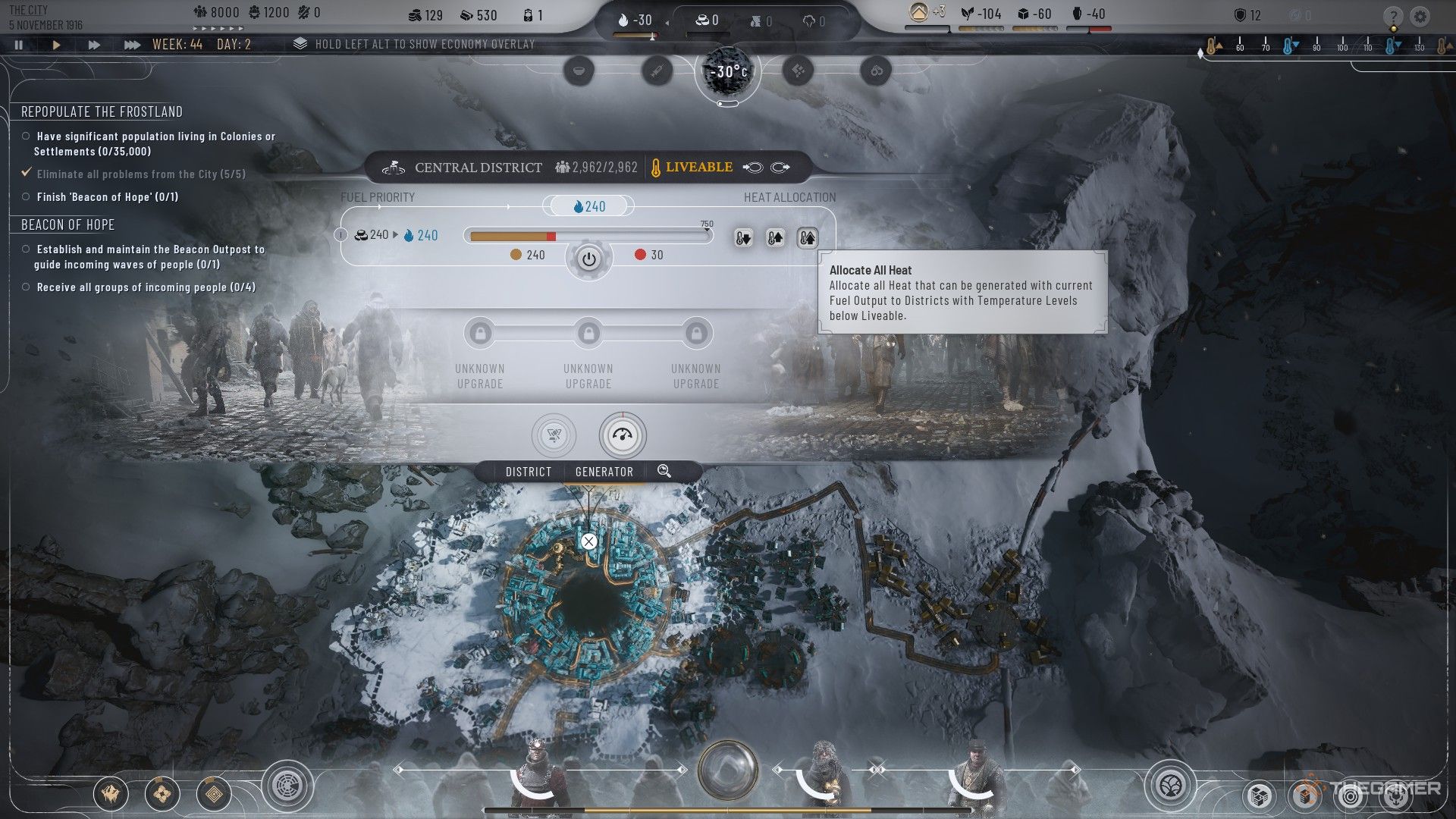Player finds the allocate all heat button in the heat distribution menu of the generator in Frostpunk 2.